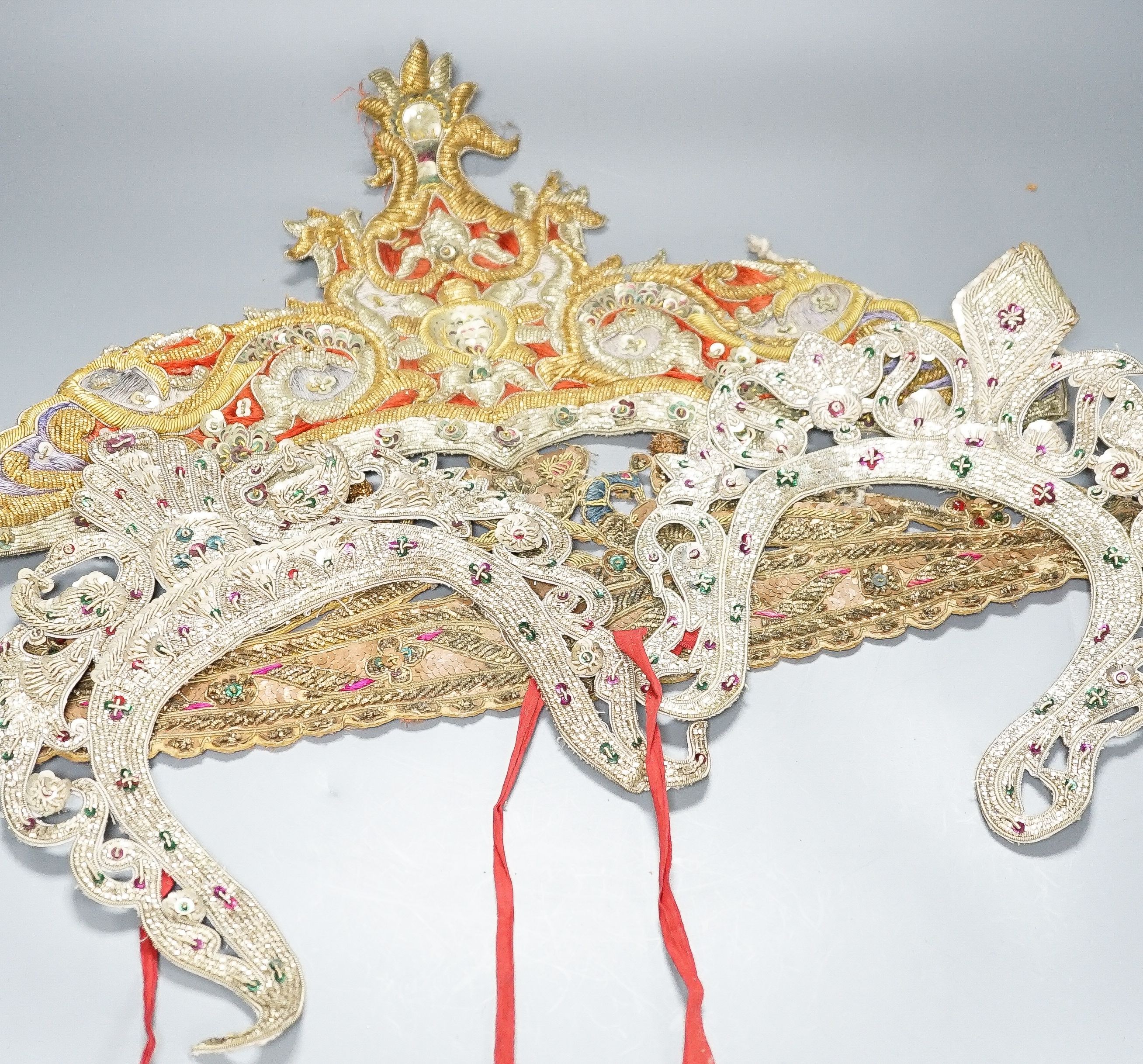 Highly ornate indian silver and gold thread headresses
